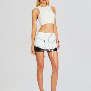 Retrofete Sian White & Black Leather Mini Skirt W/ Zipper and Silver Detail Lg